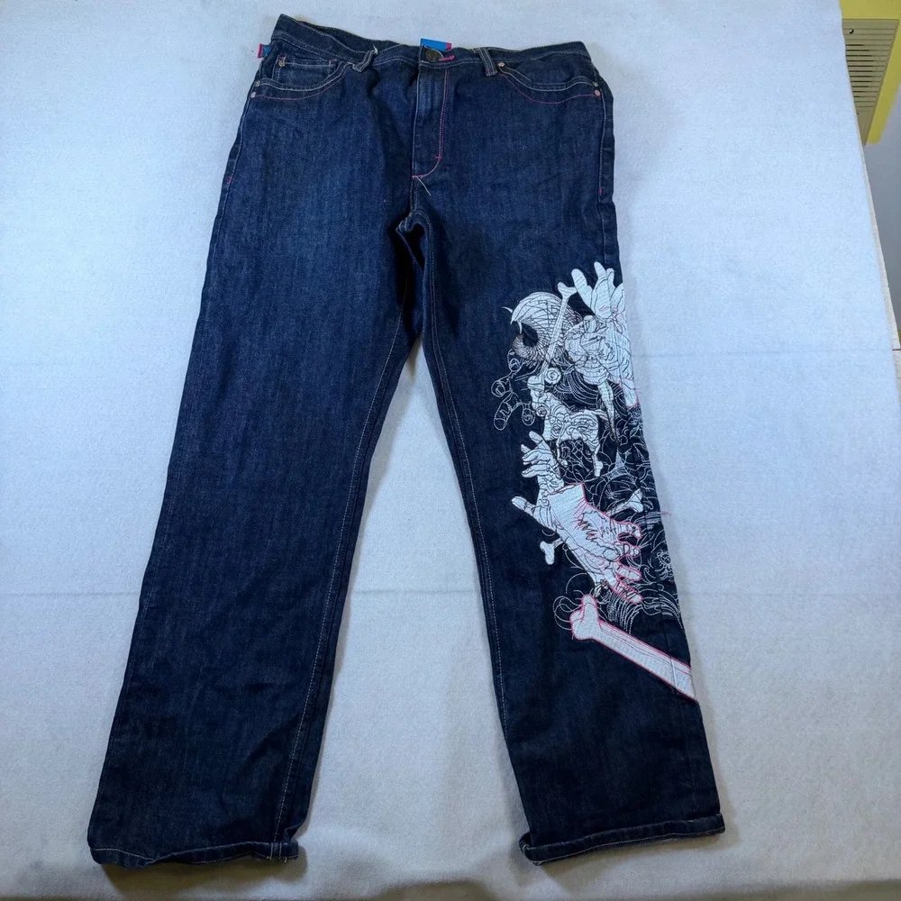 Class Player by Playerz Mens 34‎ Skeleton Embroidered Dark Wash Y2K Denim Jeans